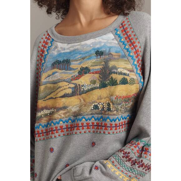 nwt ANTHROPOLOGIE PILCRO sz L Embroidered scenic pullover sweatshirt - Picture 2 of 4